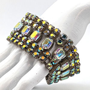 Aurora Borealis Clear Rhinestone Cuff Bracelet 5 Rows Statement Piece 60s 8.75"